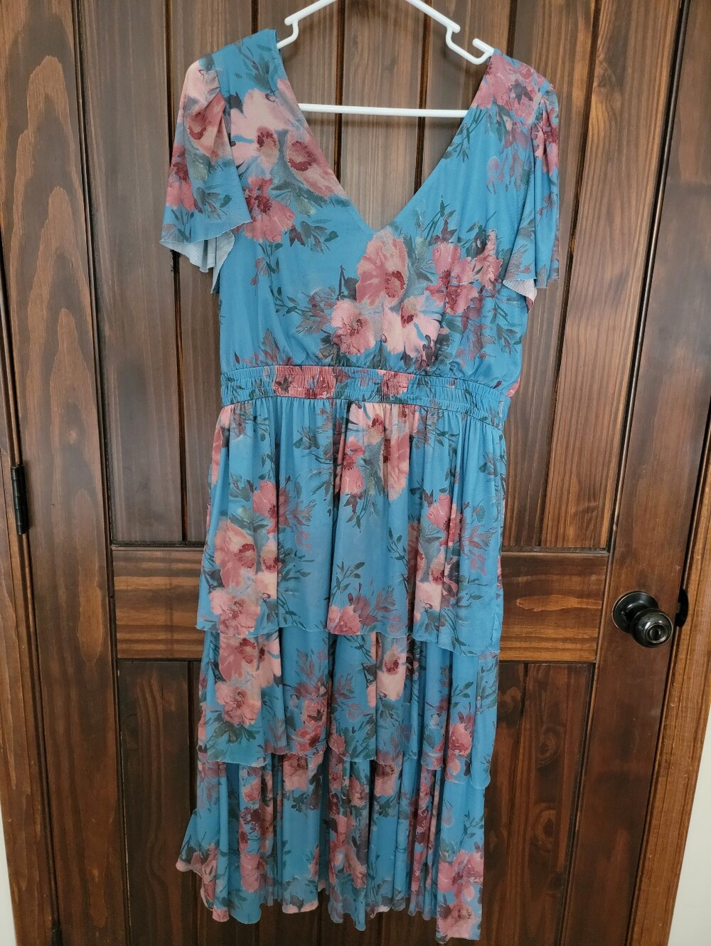 Blue Floral Tiered V-Neck Women's Dress